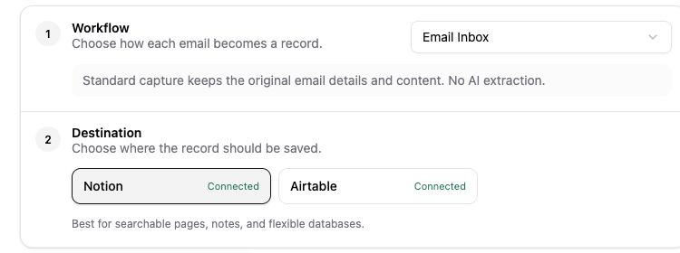 Choose Email Inbox as the workflow and Notion as the destination in Mailsink
